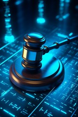 A futuristic judge gavel on digital background representing technology and law integration in justice system.