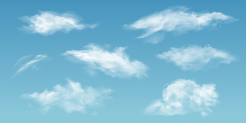 Realistic clouds. White 3d summer cloud in various shapes on blue sky background. Vapor rainclouds, noon mist clouding isolated vector set