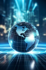 Futuristic digital globe with vibrant lights and tech overlay against a cityscape background, representing global connectivity and technology.