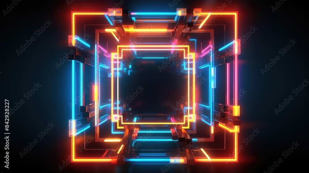 Poster futuristic neon light portal in a reflective surface. luminous neon light portal with square shape w