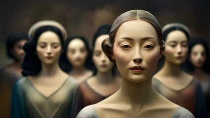 Obraz premium A group of women in different poses with one woman looking away, AI