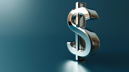 Shiny metallic dollar sign standing on blue background with spot light