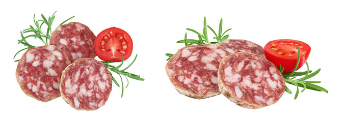 Cured salami sausage slices isolated on white background. Italian cuisine with full depth of field. Top view. Flat lay.