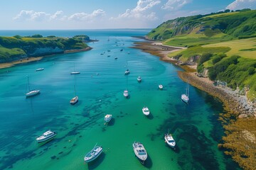 A birds eye view of Salcombe Harbour, showcasing the clear blue waters and boats at anchor on a bright sunny day