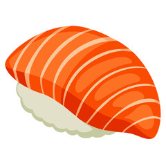 A close up of a single piece of sushi placed on a white background