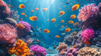 Fototapeta premium A stunning underwater view showcasing a multitude of fish amongst vibrant coral formations