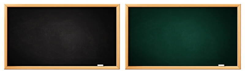 School blackboard. Green and black board with wooden frame and chalk. Realistic blank blackboards with chalk dirt texture. Classroom, restaurant menu vector template © Frogella.stock