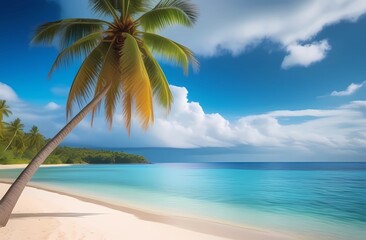 Coconut tree with tropical beach. Creative travel banner.