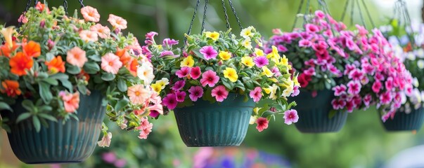 Vibrant hanging flowers baskets in bloom.