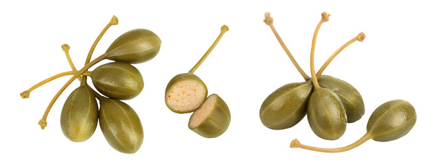 Capers isolated on white background. Pickled or canned capers. Top view. Flat lay