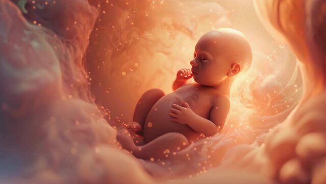 Little human baby inside mother womb. Small embryo in uterus. Cute unborn child sleep in belly. Origin beginning of life concept. Woman pregnancy. Tiny innocent infant grow. Childbirth medical science