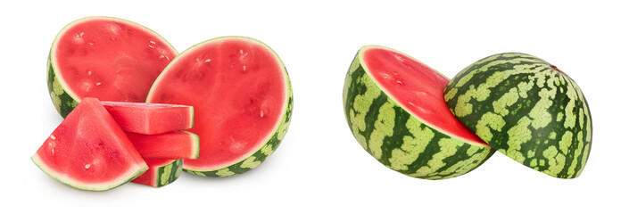 Red seedless watermelon half isolated on white background with full depth of field.