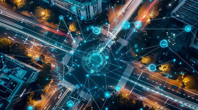 An aerial view of a smart city's traffic management system in action, synchronized traffic lights and real-time data visualization, showcasing efficient urban transportation planning. 