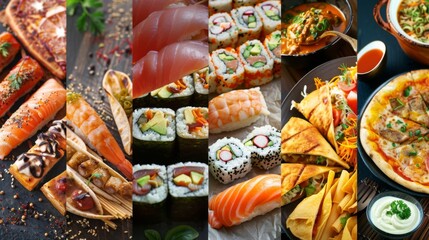 Fototapeta premium A collage of various international cuisines including sushi, pizza, tacos, curry, and pasta
