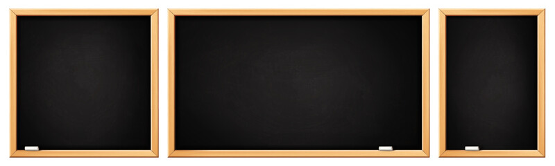 School blackboards. Black board with wooden frame, rectangular and square chalkboard. Blackboards with white chalk dirty texture. Classroom, restaurant menu board vector template © Frogella.stock