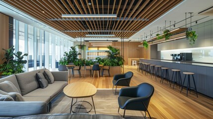 Future office with versatile event spaces, showcasing a dynamic, adaptable design, in a modern business hub, emphasizing social interaction.