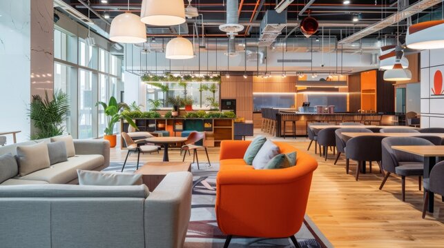 Future office with versatile event spaces, showcasing a dynamic, adaptable design, in a modern business hub, emphasizing social interaction. 