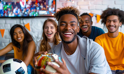 Cheerful African American man with soccer ball watching football competition with excited multicultural friends indoors daytime joyful mood sports enthusiasm camaraderie