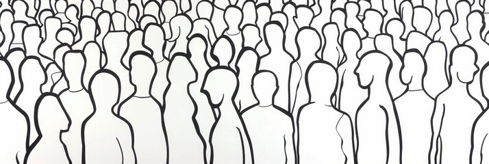 A large crowd of people standing side by side, all outlined in black lines on a white background Generative AI