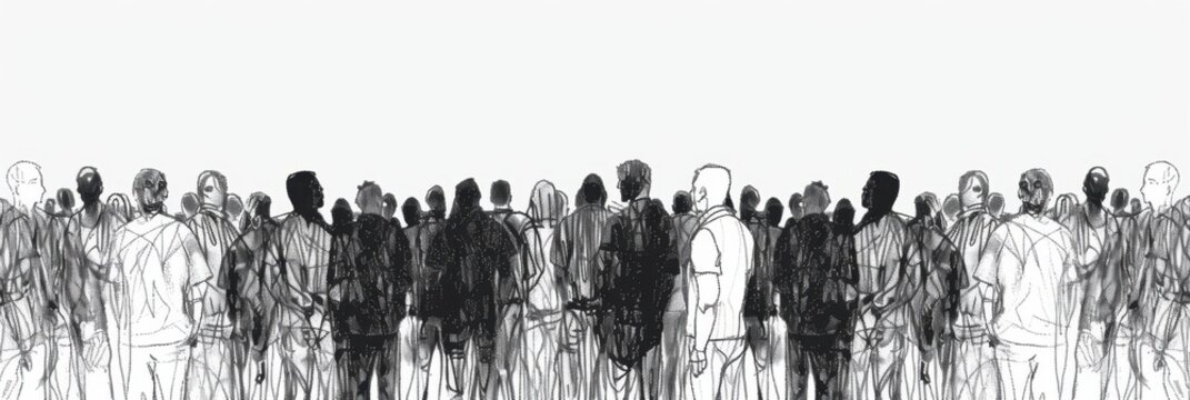 A simple line drawing depicts the silhouettes of thousands of people in an outdoor crowd against a white background Generative AI