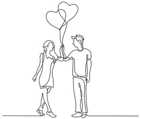 boy and girl walking together holding balloons continuing to draw lines. Valentines day concept Vector illustration