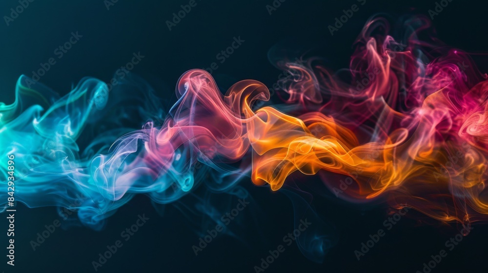 Poster abstract pattern of colorful cigarette smoke captured against a black background, resembling art in 