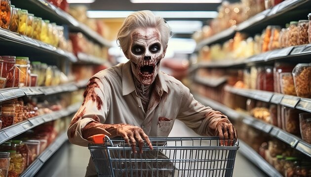 A zombie doing his shopping with his shopping cart in the supermarket.