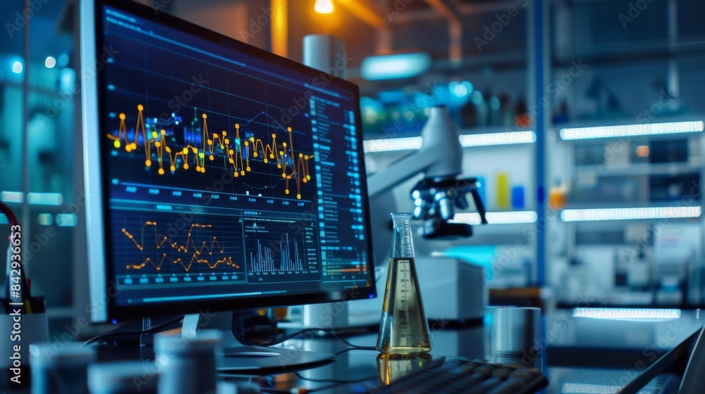 Poster bar chart depicting climate change data on a scientist's computer screen in a research lab