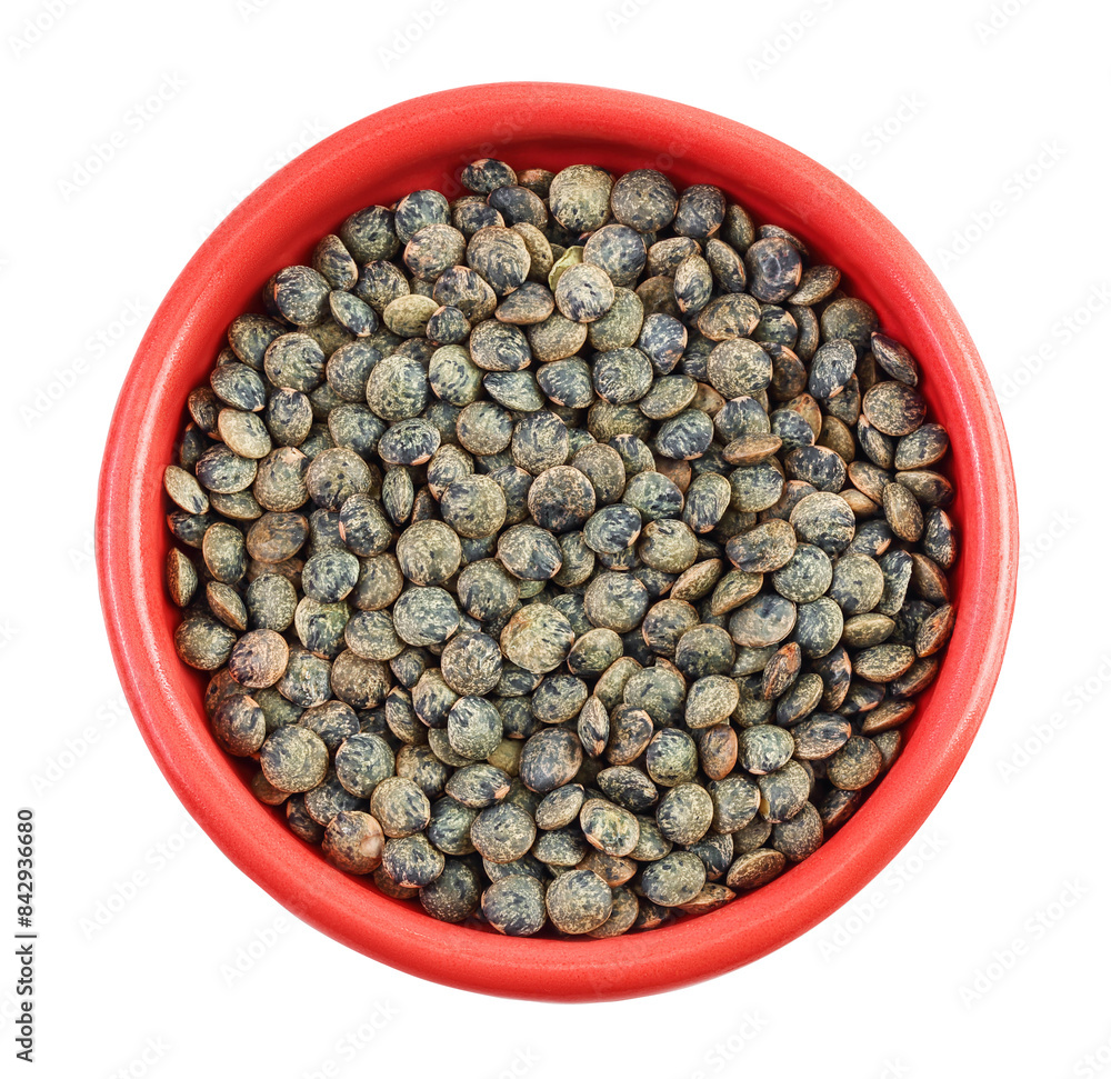 Wall mural raw french green lentils in ceramic bowl isolated on white background. top view. flat lay - Wall murals