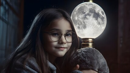Naklejka premium the girl with middle long hair,street,under the lamp,moon,hug hardly Generative AI