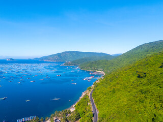 Aerial view of the lobster feeding farms, float fishing village in Vung Ro bay, Phu Yen, Vietnam. This is a very popular tourist destination.