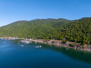 Aerial view of the lobster feeding farms, float fishing village in Vung Ro bay, Phu Yen, Vietnam. This is a very popular tourist destination.