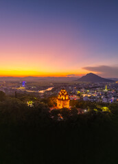 Fototapeta premium Aerial view of Nhan temple, tower is an artistic architectural work of Champa people in Tuy Hoa city, Phu Yen province, Vietnam. Sunset view