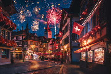 Fototapeta premium An evening view of a town square in Switzerland with buildings adorned with Swiss flags and red and white decorations, as fireworks light up the sky in celebration of Swiss National Day