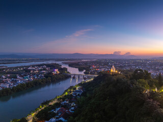 Aerial view of Nhan temple, tower is an artistic architectural work of Champa people in Tuy Hoa city, Phu Yen province, Vietnam. Sunset view