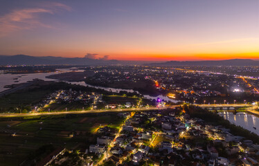Aerial view of Nhan temple, tower is an artistic architectural work of Champa people in Tuy Hoa city, Phu Yen province, Vietnam. Sunset view