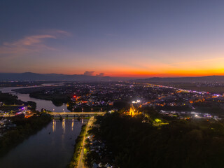 Fototapeta premium Aerial view of Nhan temple, tower is an artistic architectural work of Champa people in Tuy Hoa city, Phu Yen province, Vietnam. Sunset view