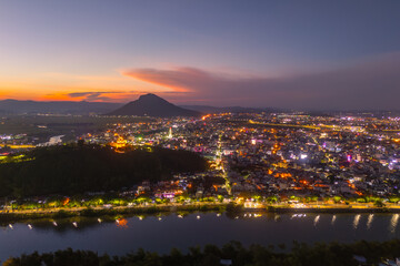 Aerial view of Nhan temple, tower is an artistic architectural work of Champa people in Tuy Hoa city, Phu Yen province, Vietnam. Sunset view