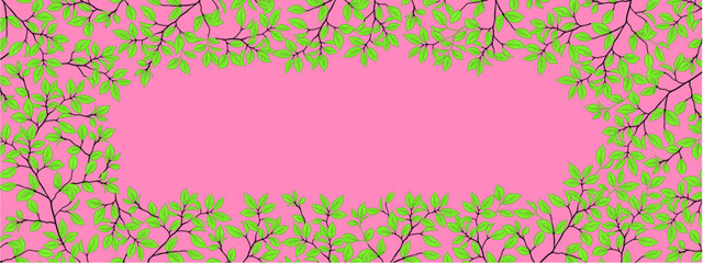 Spring blooming tree with branches and leaves. Vector pattern of tree crowns on pink background