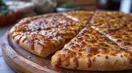 Half of a cheese pizza with a golden crust on a wooden board, focus on the toppings