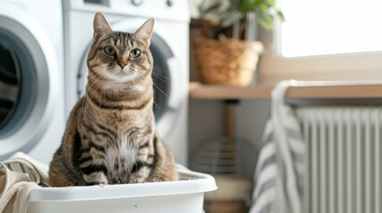Cat with a clean, white litter box in a brightly lit laundry room, keeping things tidy