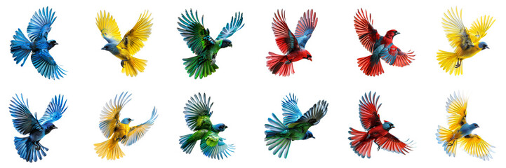 Fototapeta premium Set of A close-up shot capturing the vibrant red feathers of a cardinal bird in mid-flight isolated on transparent png background