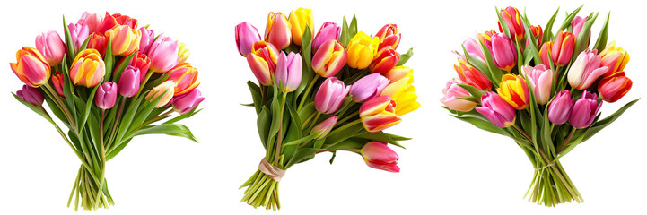 Set of Elegant wedding bouquet of fresh tulips in a close-up shot "A close-up shot of a wedding bouquet made of fresh tulips” isolated on transparent png background