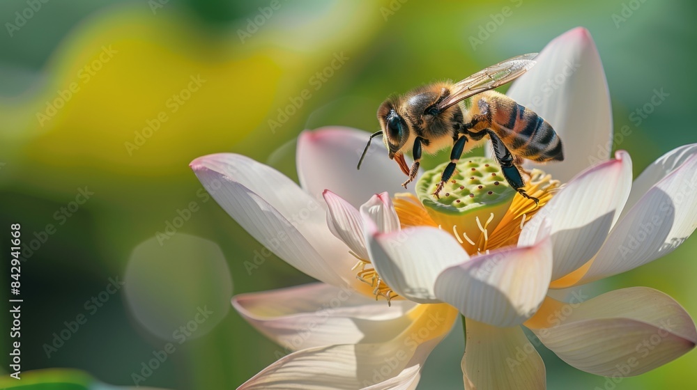 Poster close-up of a bee collecting nectar from a blooming lotus flower, contributing to pollination