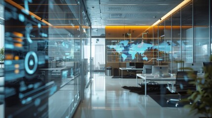 Fototapeta premium Futuristic office with predictive maintenance systems, showcasing a modern, smart design, in an advanced business hub, emphasizing proactive management. 