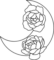 Moon with peonies, line minimalistic boho art
