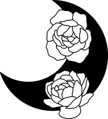 Moon with peonies, line minimalistic boho art