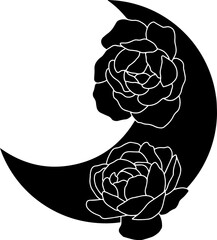Moon with peonies, line minimalistic boho art
