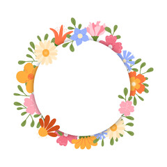 Round floral frame. Circle shaped decorative meadow flowers and leaves borders with copy space. Vector isolated illustration