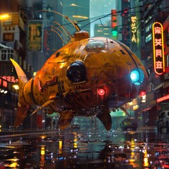 The image shows a futuristic city with flying cars and a giant fish-shaped airship.